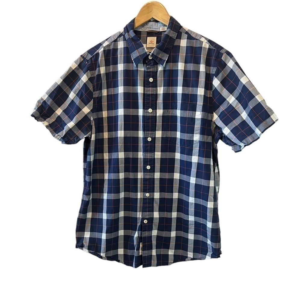 MENS DOCKERS Blue, White & Red Plaid Button Up Collared Short Sleeve Shirt L